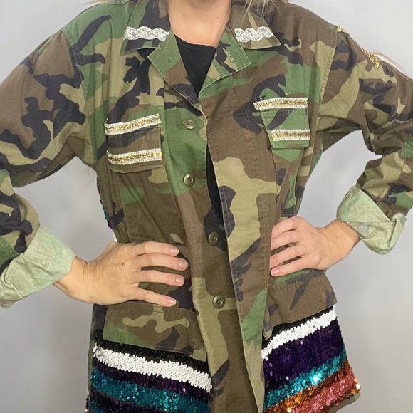 One of a Kind Camo Sequin Embellished Army Jacket by Hi Gorgeous S/M/L - Picture 4 of 4